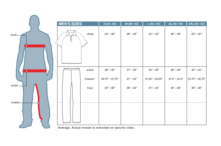 Bảng size quần áo Fila dành cho nam