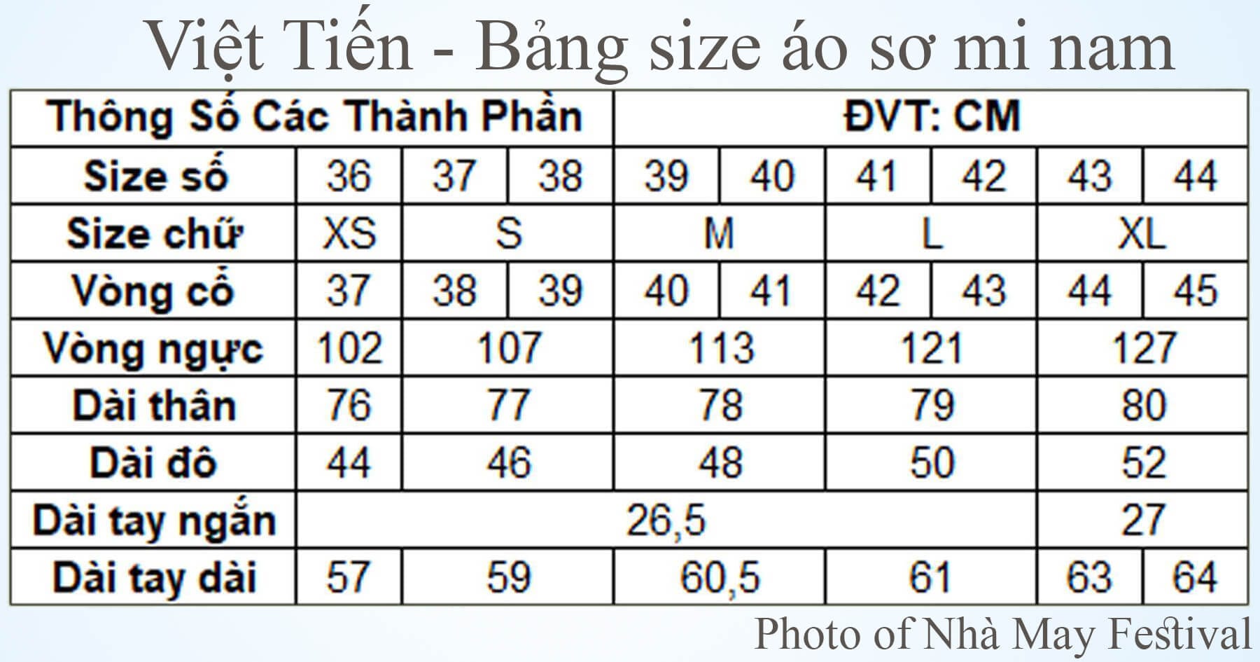 Tham khảo bảng size áo sơ mi nam của Việt Tiến