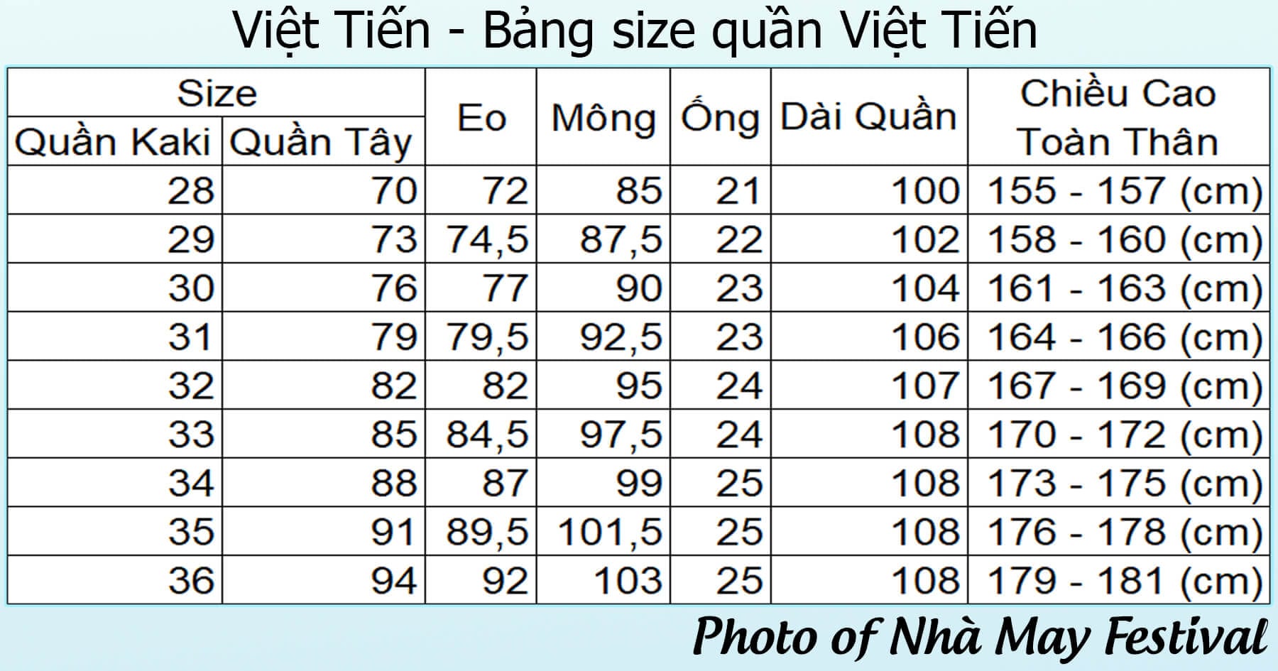 [Tham khảo] Bảng size quần Việt Tiến chuẩn nhất