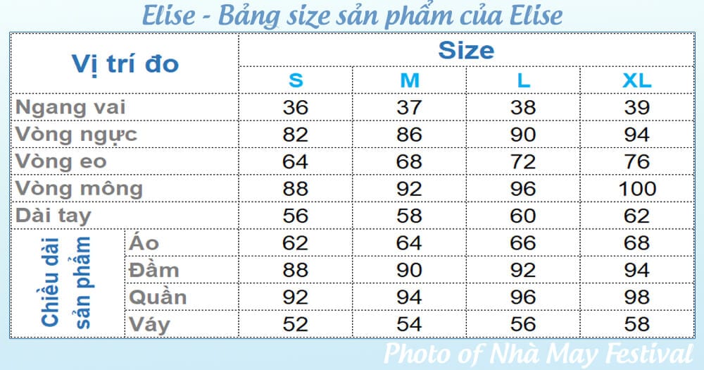 Bảng size áo, quần, đầm, váy, áo khoác của thời trang Elise