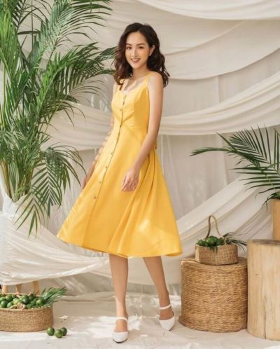 Đầm hai dây cài nút cho nàng thật nhẹ nhàng và nữ tính