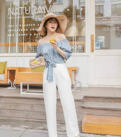 Áo nơ buộc eo cùng quần suông trắng ống rộng
