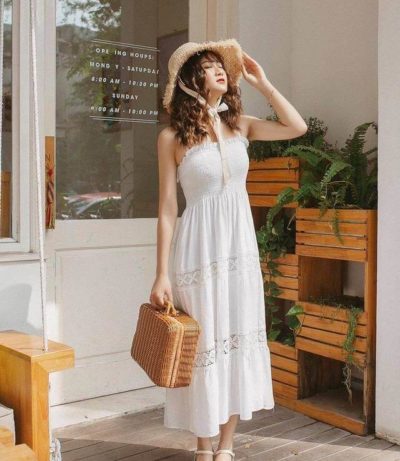 Đầm xòe bẹt vai tiểu thư, dịu dàng