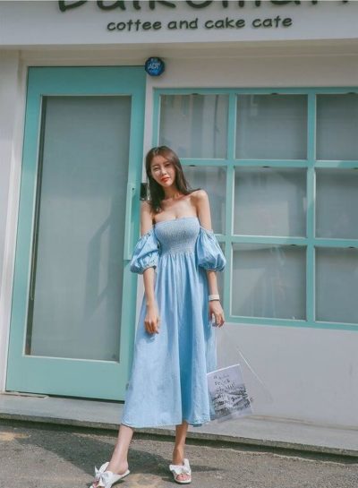Váy xanh ngọc trễ vai cho chút quyến rũ nha
