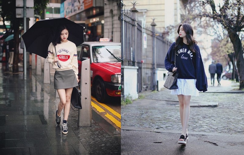 Phối áo len, áo nỉ duyên dáng cho ngày mưa