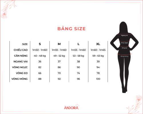 Bảng size áo, quần, đầm, váy, áo khoác của thời trang Andora